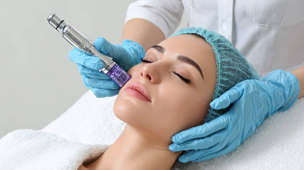Woman getting microneedling facial treatment