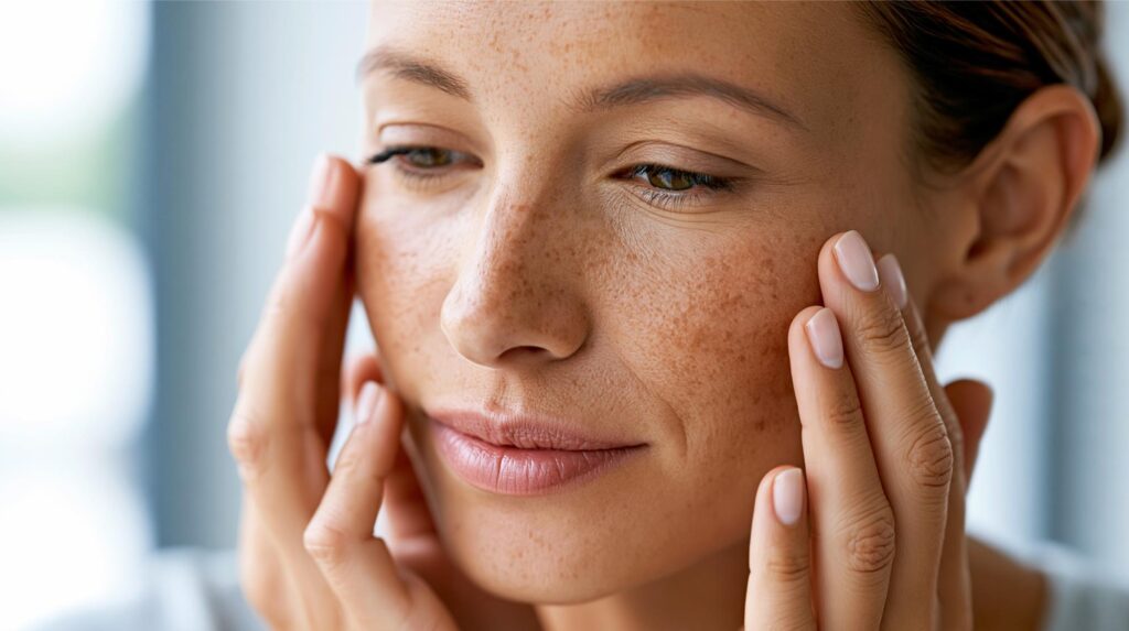 Close-up of a woman's hands examining skin on her face for pigmentation